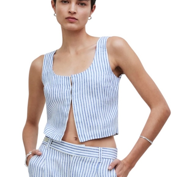 Madewell 100% Linen Scoopneck Stripe Crop Tank in Bluestone Size M - Picture 1 of 12